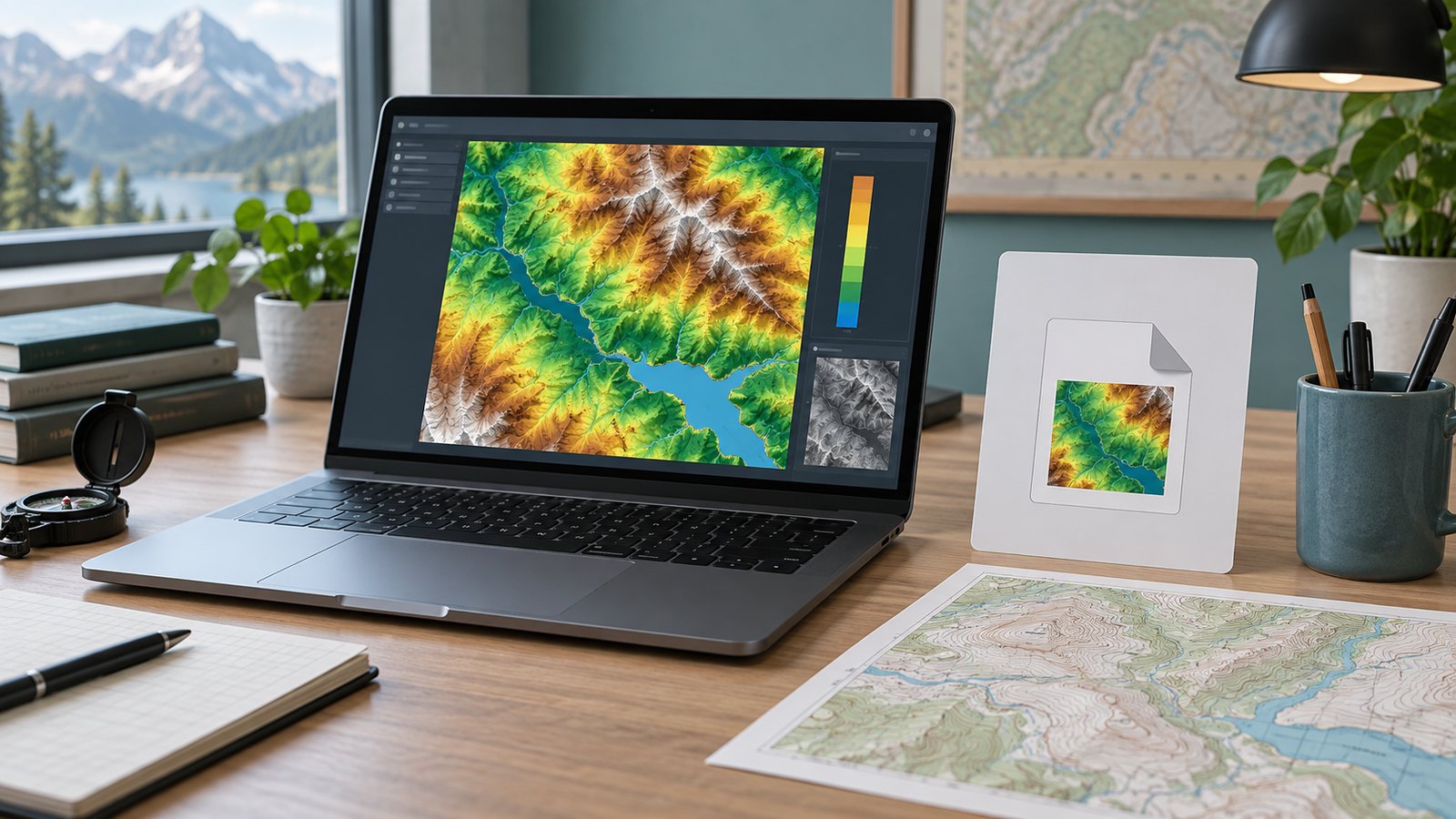 Portatile con un raster di rilievo illustrativo e icona di file locale