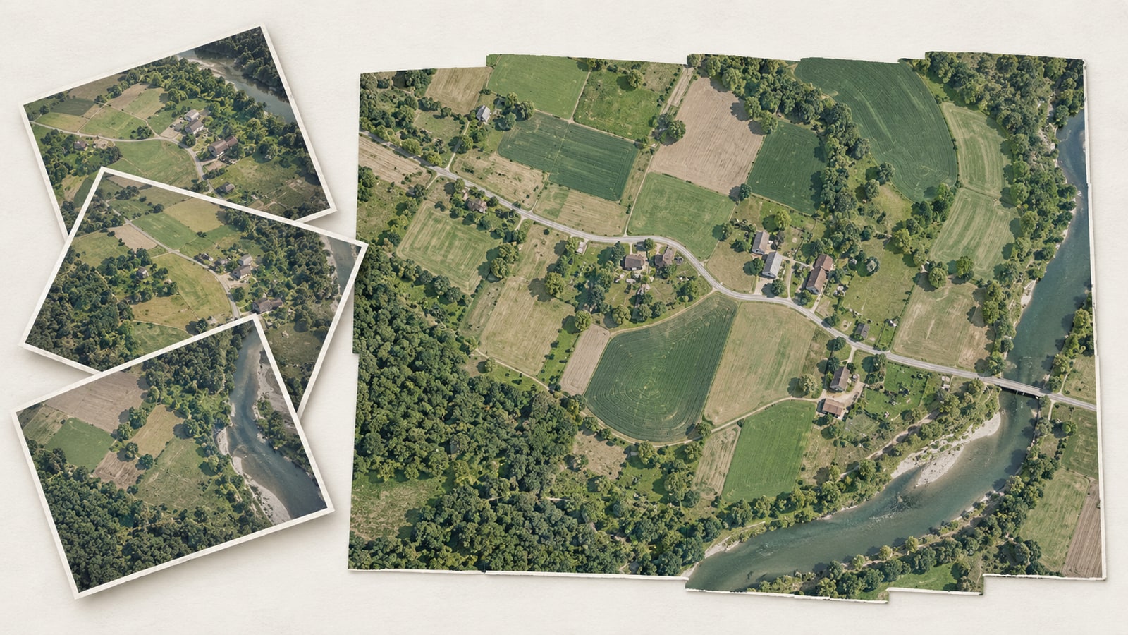 Illustration of overlapping aerial pictures beside a combined map-like view of fields and a river