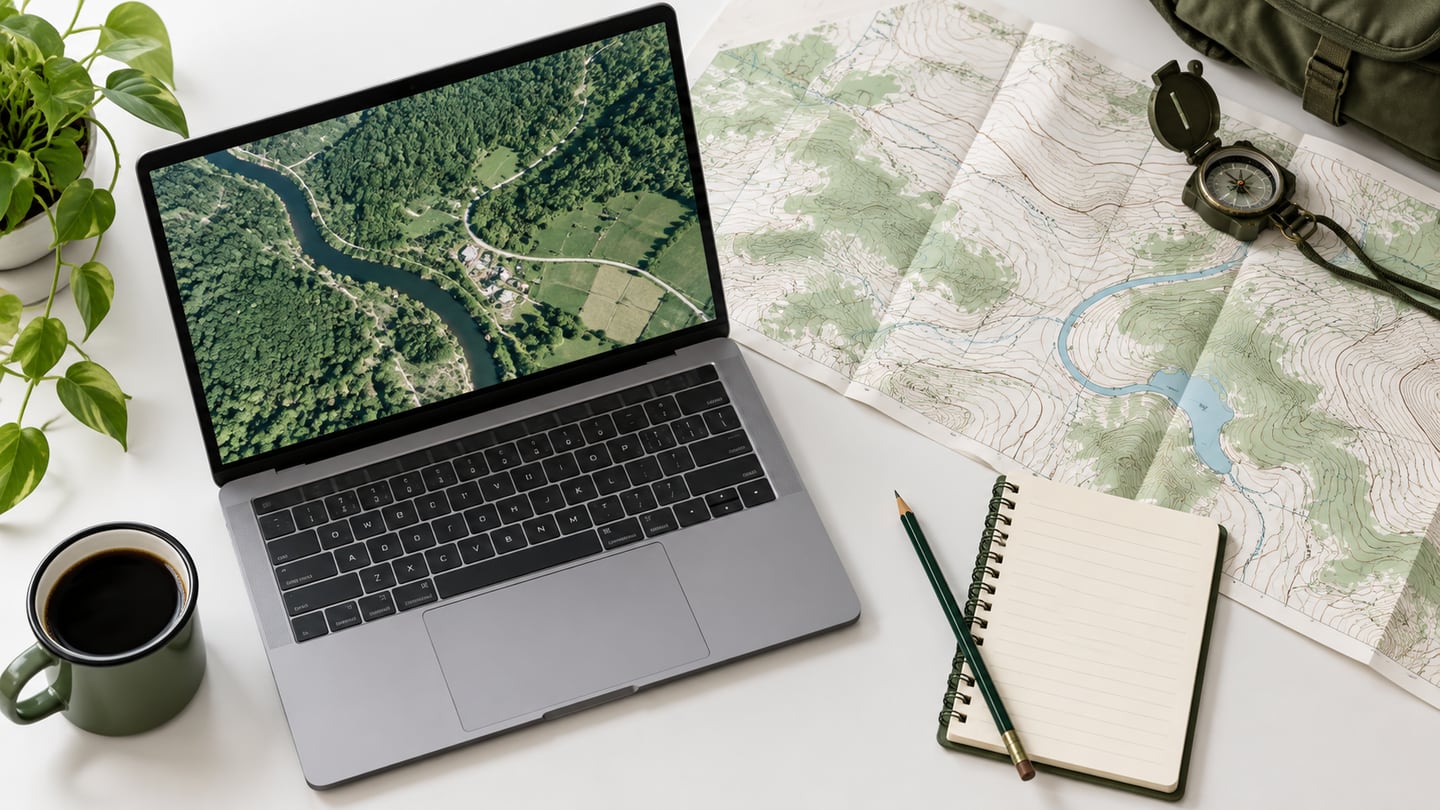 Illustrated geography workspace with a laptop, contour map and field notes